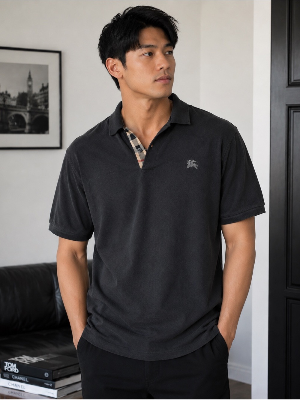 Dark Gray Men's Black Short-Sleeve Polo with Signature Check Trim